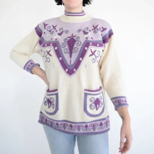 Vintage Cheung Shing Cream & Lavender  Mockneck Knit Sweater M
